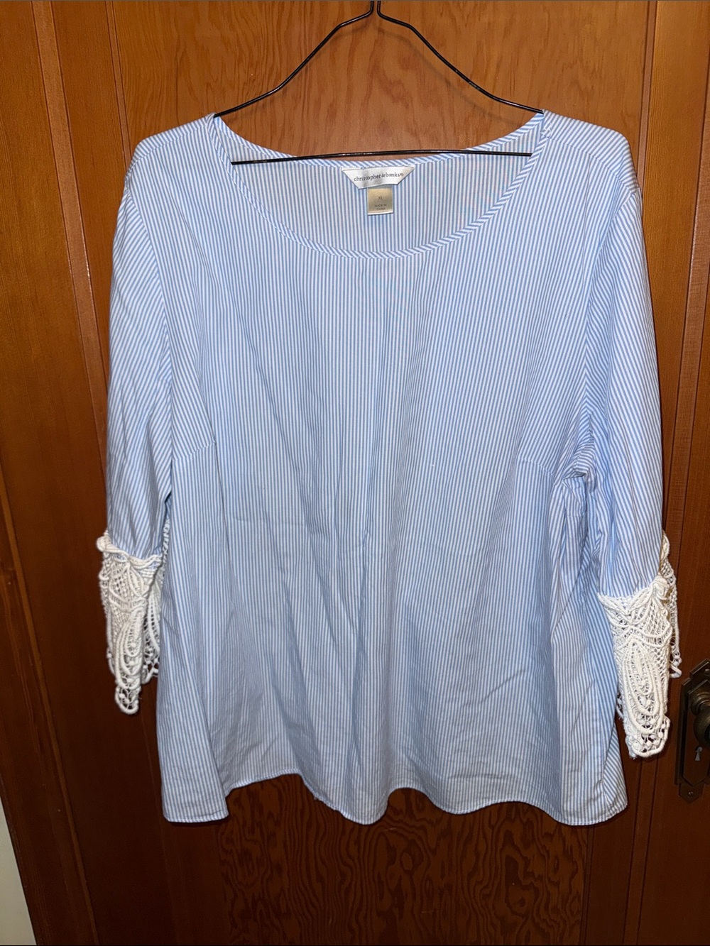 Christopher & Banks Light Blue Striped Top with White Crochet Sleeves